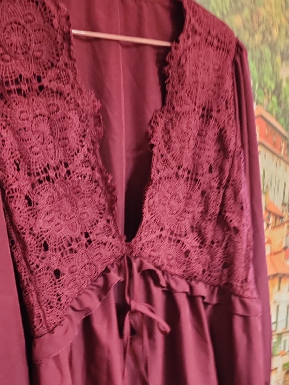 Women's Lace-Detail Peasant BO-Ho  Blouse - Burgundy - Picture 4 of 9